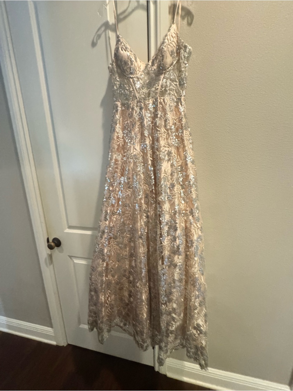 Darling Strapless Blush and Silver Sequin Gown